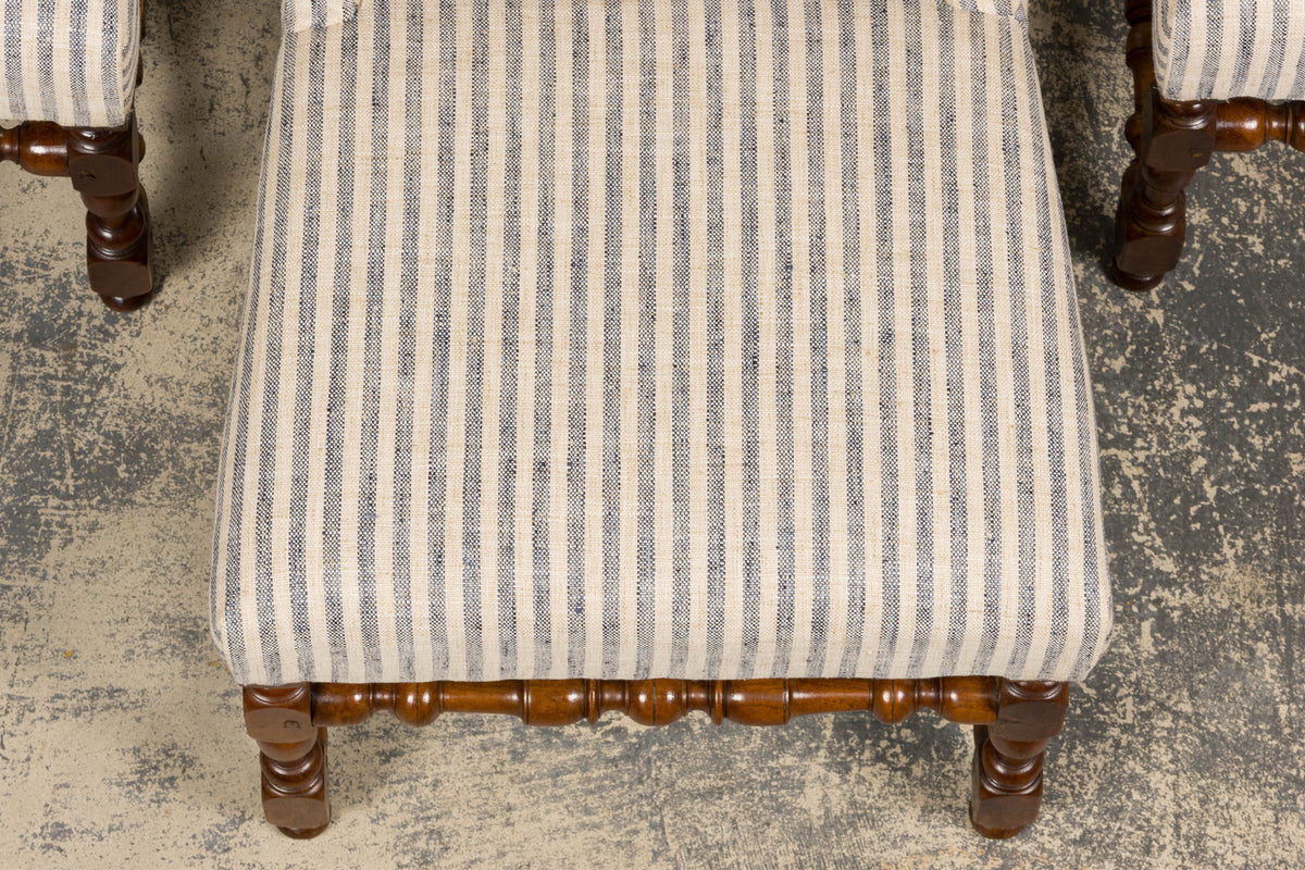 Antique French Louis XIII Walnut Dining Chairs in Tailored Stripe - Set of 8