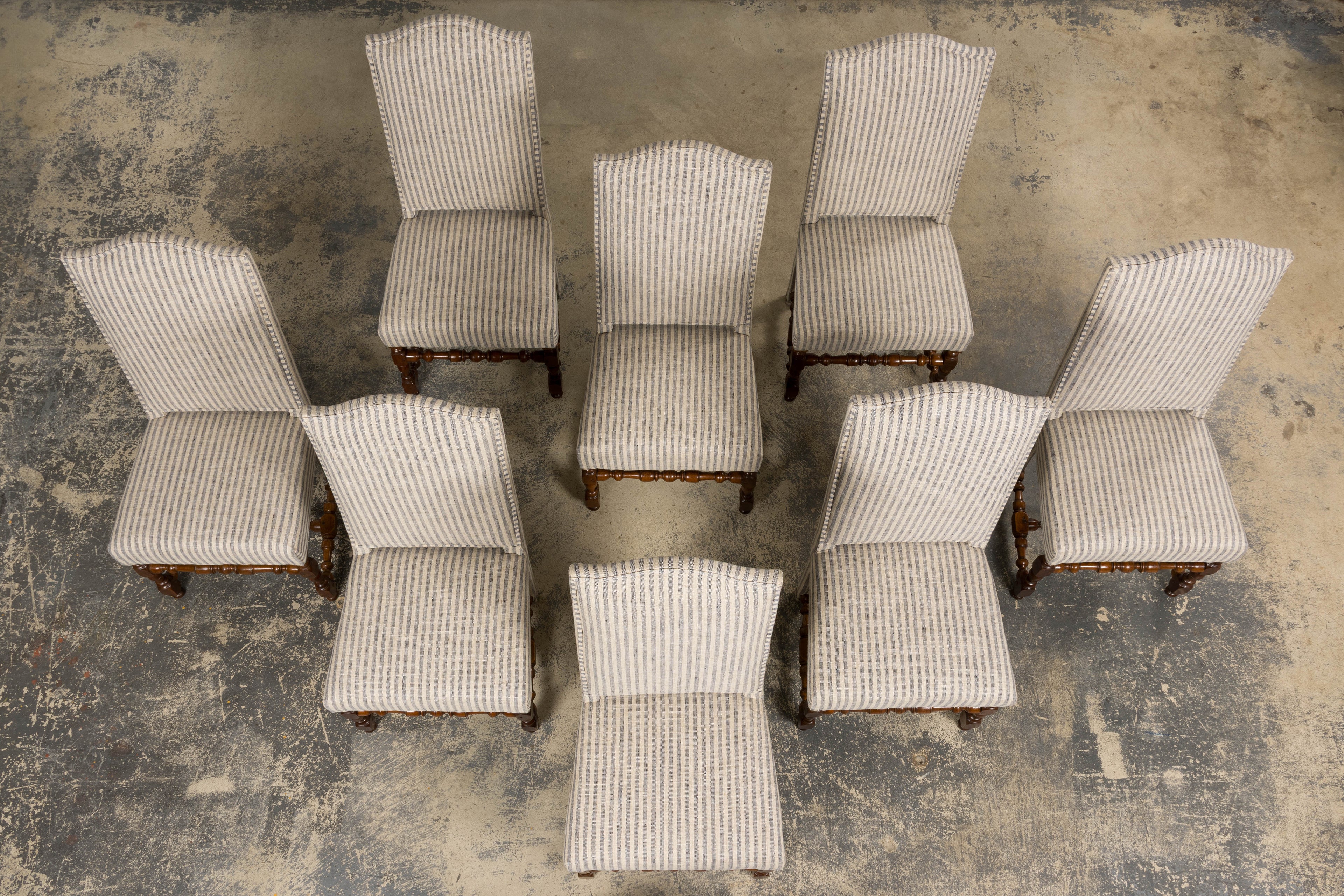 Set of Eight Antique French Louis XIII Walnut Dining Chairs, Late 18th Century