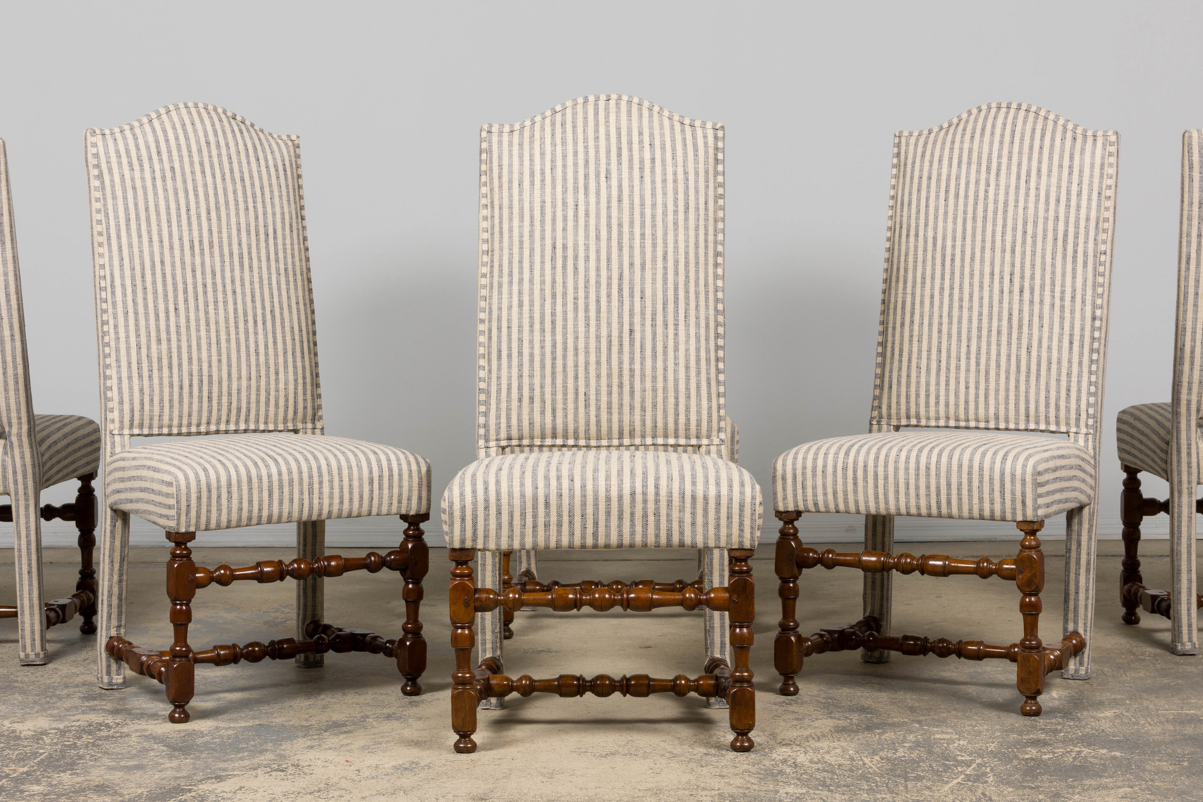 Set of Eight Antique French Louis XIII Walnut Dining Chairs, Late 18th Century