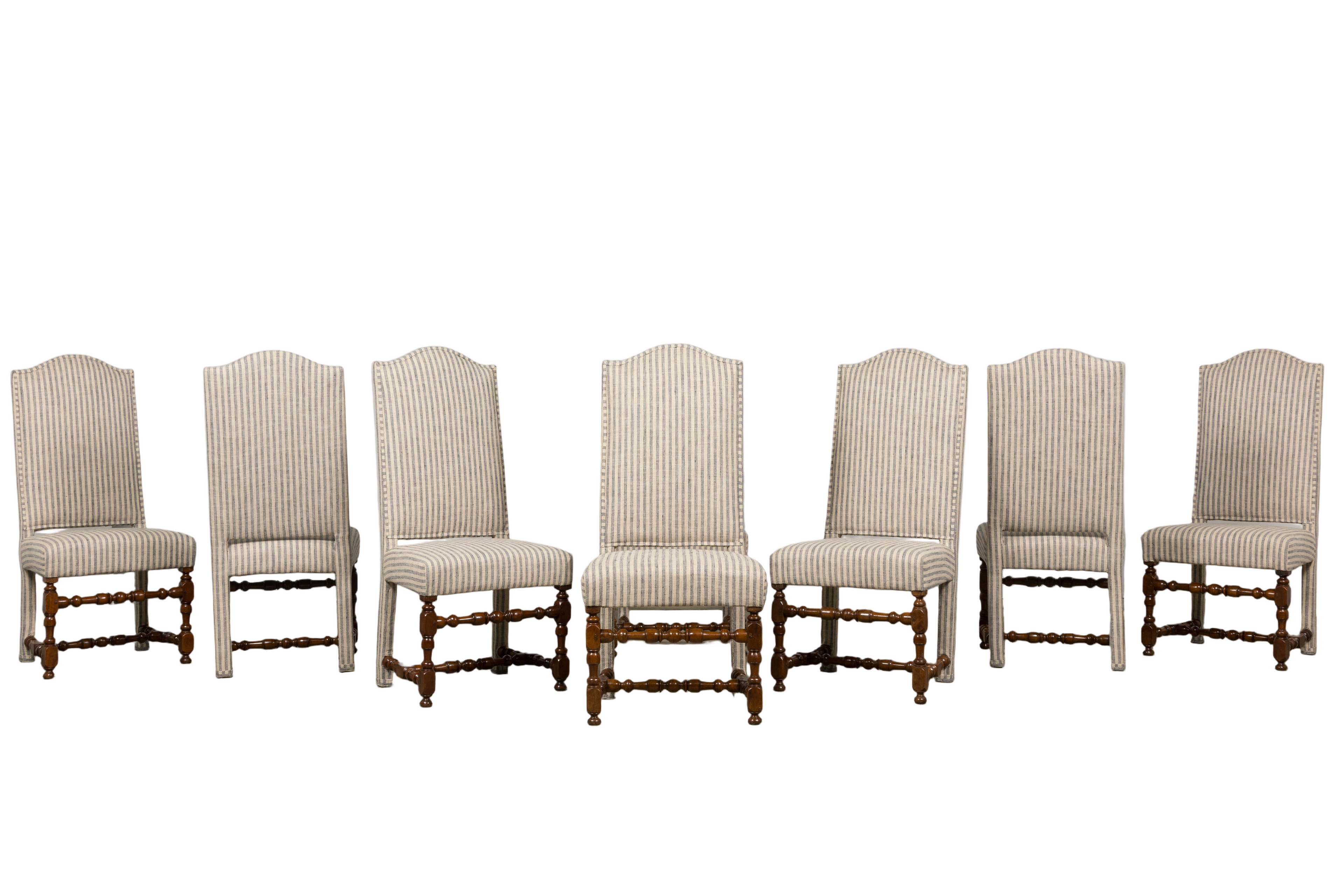 Set of Eight Antique French Louis XIII Walnut Dining Chairs, Late 18th Century