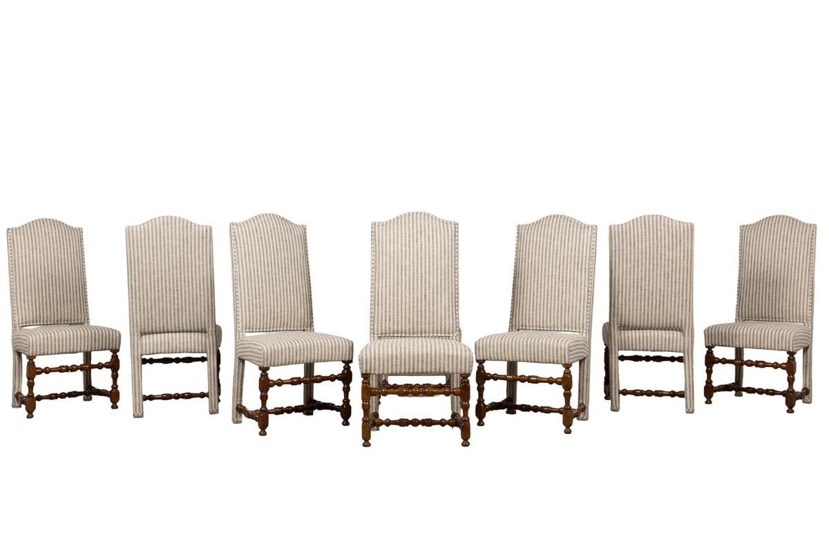 Antique French Louis XIII Walnut Dining Chairs in Tailored Stripe - Set of 8