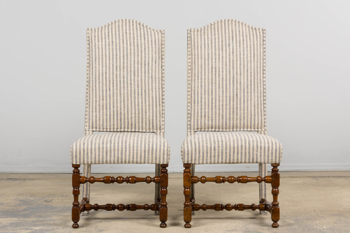 Antique French Louis XIII Walnut Dining Chairs in Tailored Stripe - Set of 8