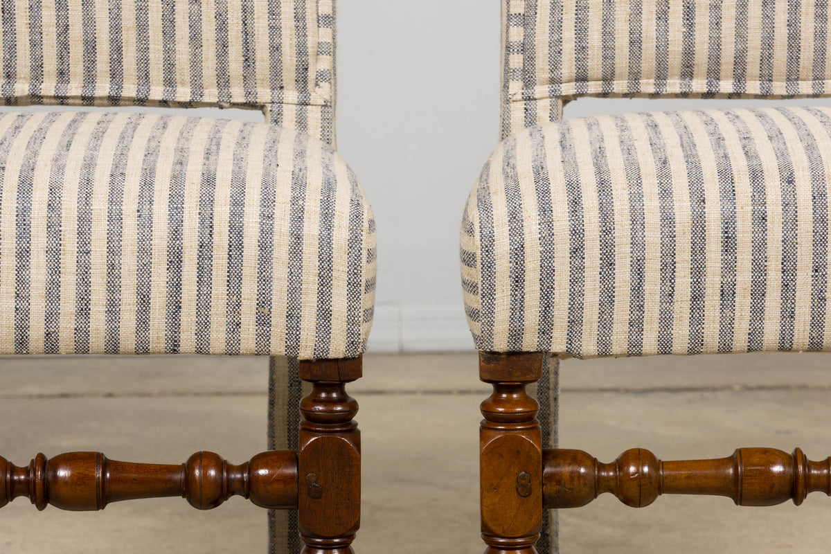 Antique French Louis XIII Walnut Dining Chairs in Tailored Stripe - Set of 8