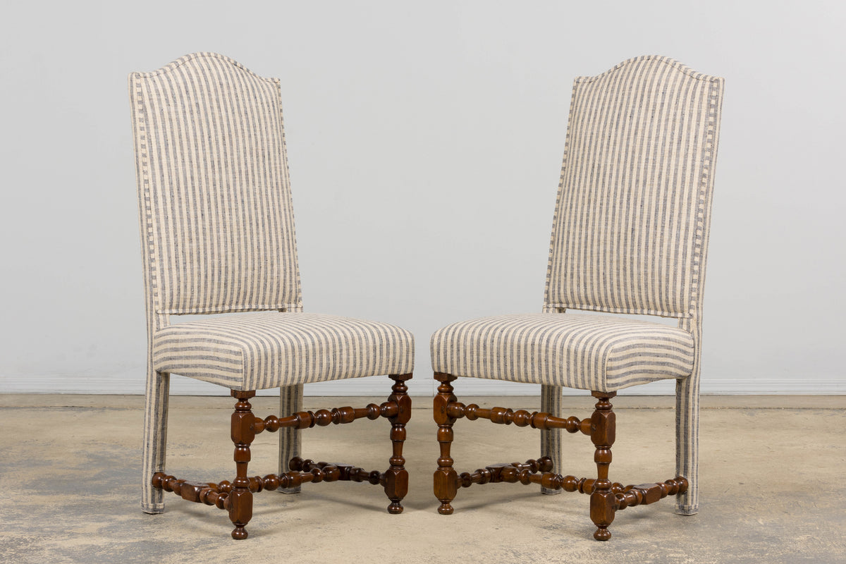 Antique French Louis XIII Walnut Dining Chairs in Tailored Stripe - Set of 8
