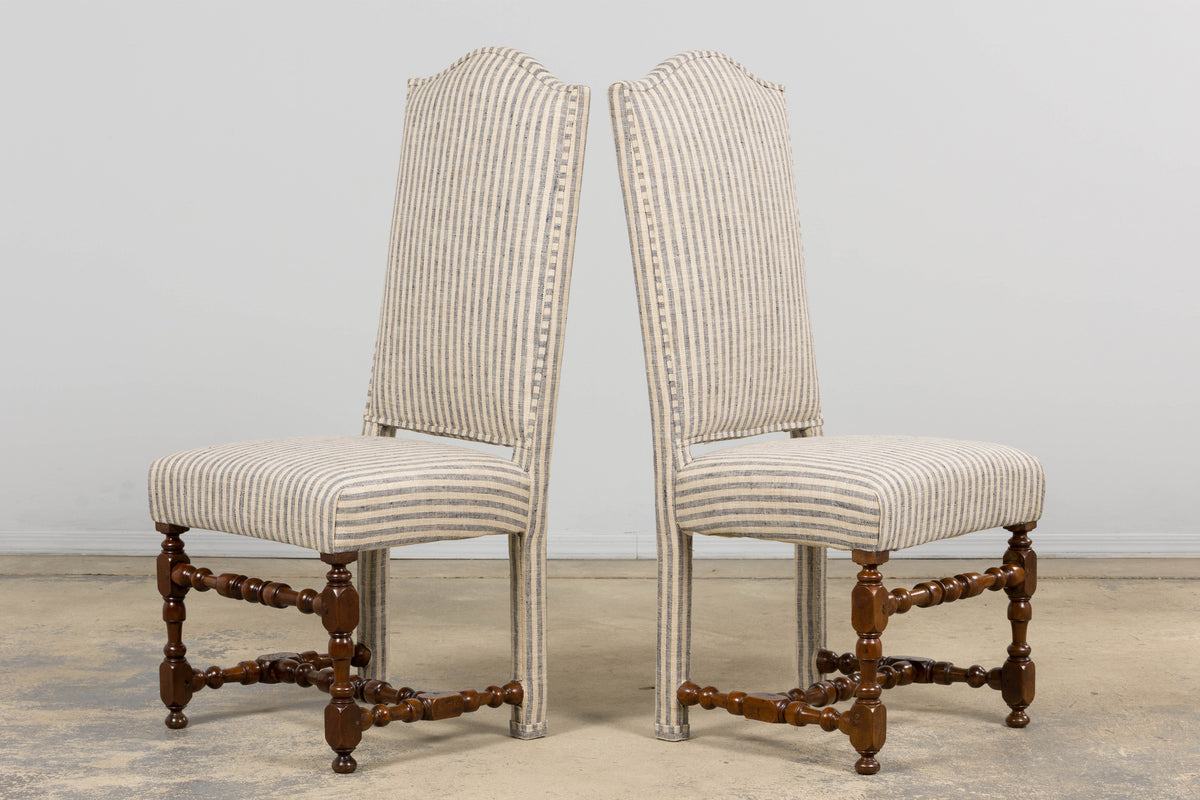 Antique French Louis XIII Walnut Dining Chairs in Tailored Stripe - Set of 8