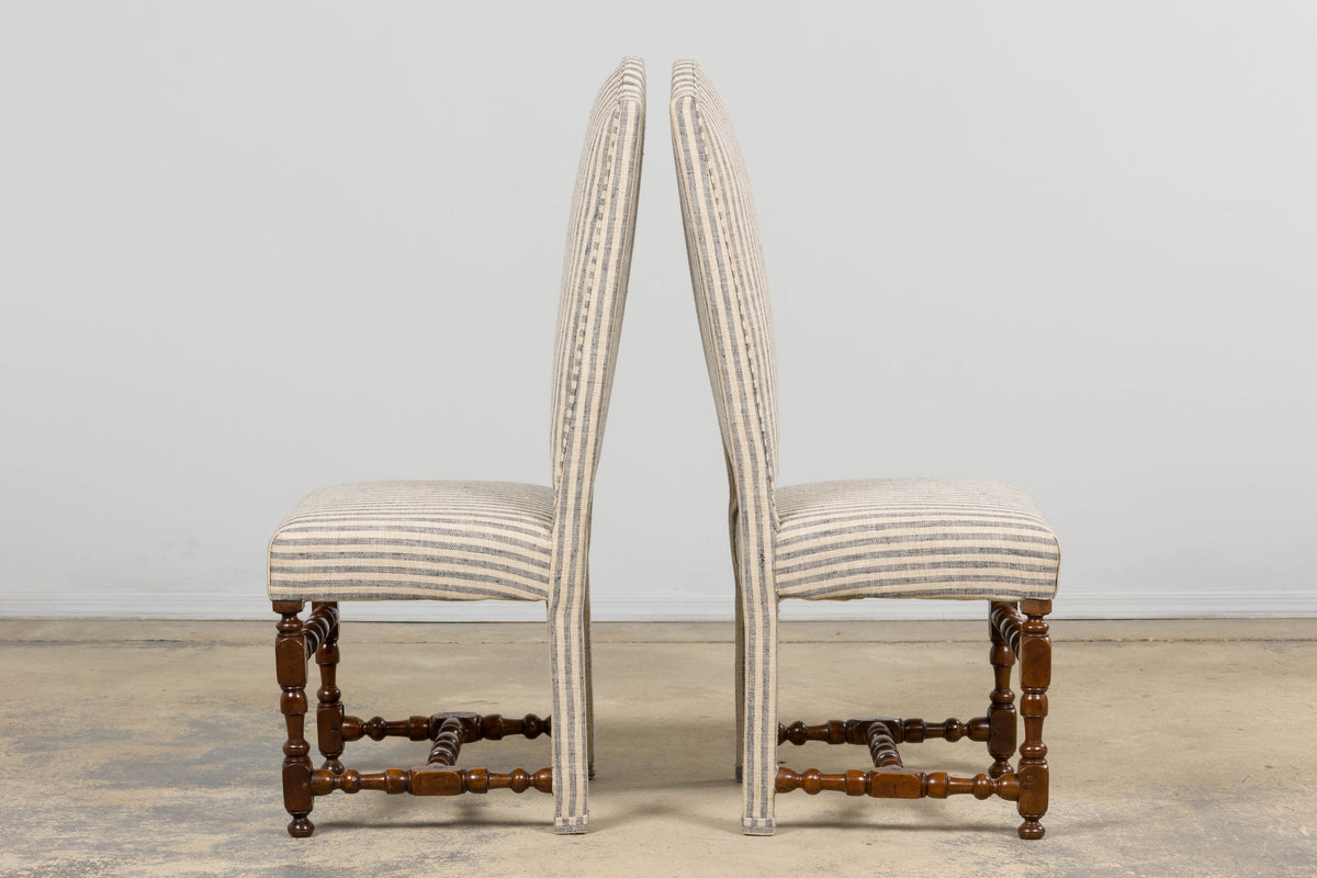 Antique French Louis XIII Walnut Dining Chairs in Tailored Stripe - Set of 8