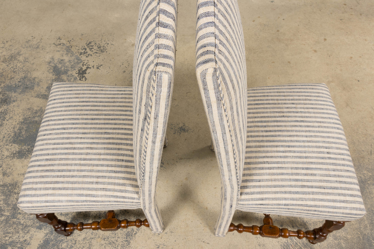 Antique French Louis XIII Walnut Dining Chairs in Tailored Stripe - Set of 8