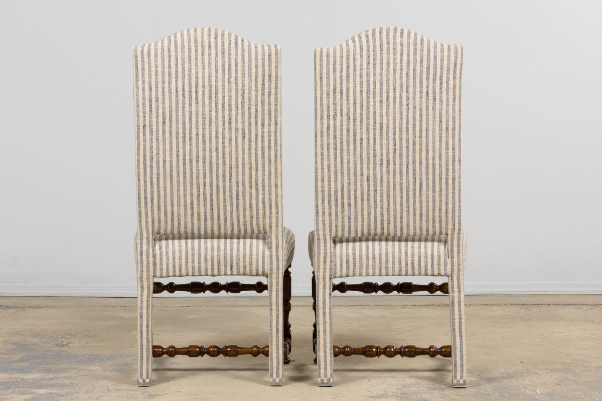 Antique French Louis XIII Walnut Dining Chairs in Tailored Stripe - Set of 8