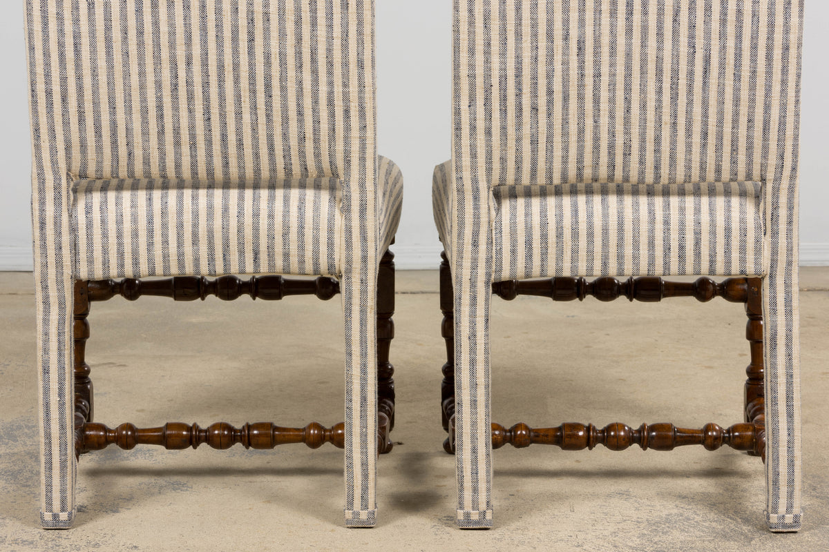 Antique French Louis XIII Walnut Dining Chairs in Tailored Stripe - Set of 8