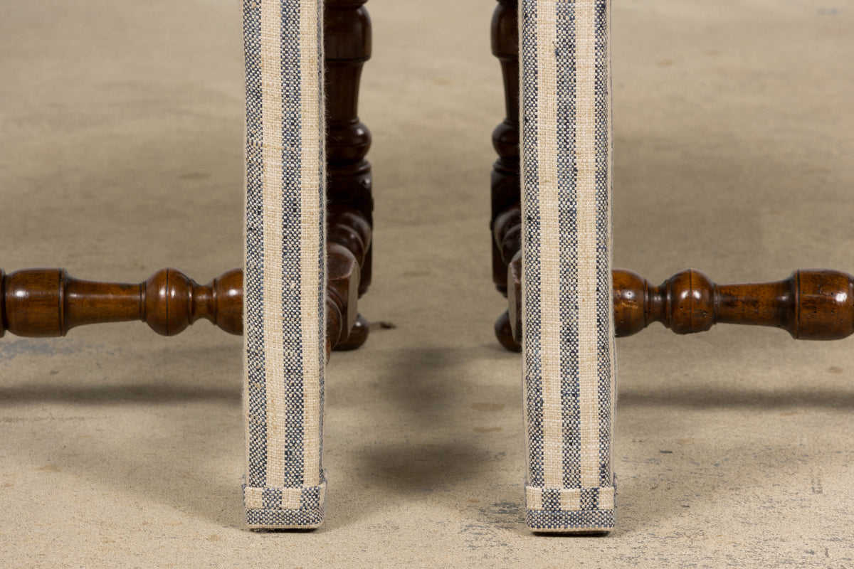 Antique French Louis XIII Walnut Dining Chairs in Tailored Stripe - Set of 8