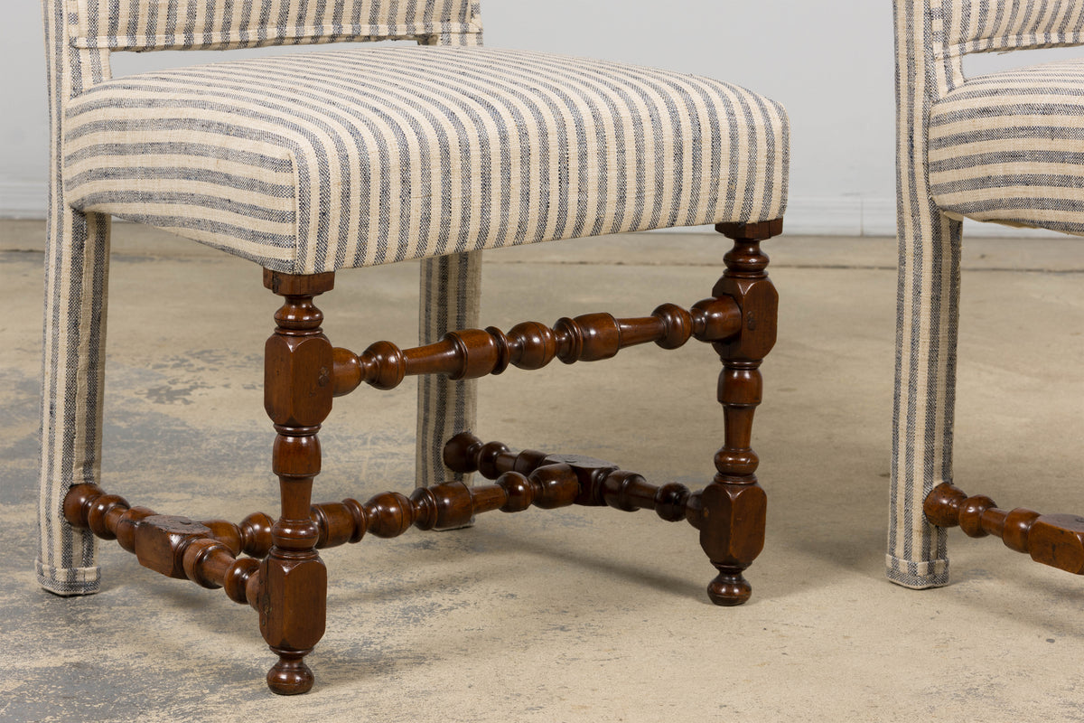 Antique French Louis XIII Walnut Dining Chairs in Tailored Stripe - Set of 8