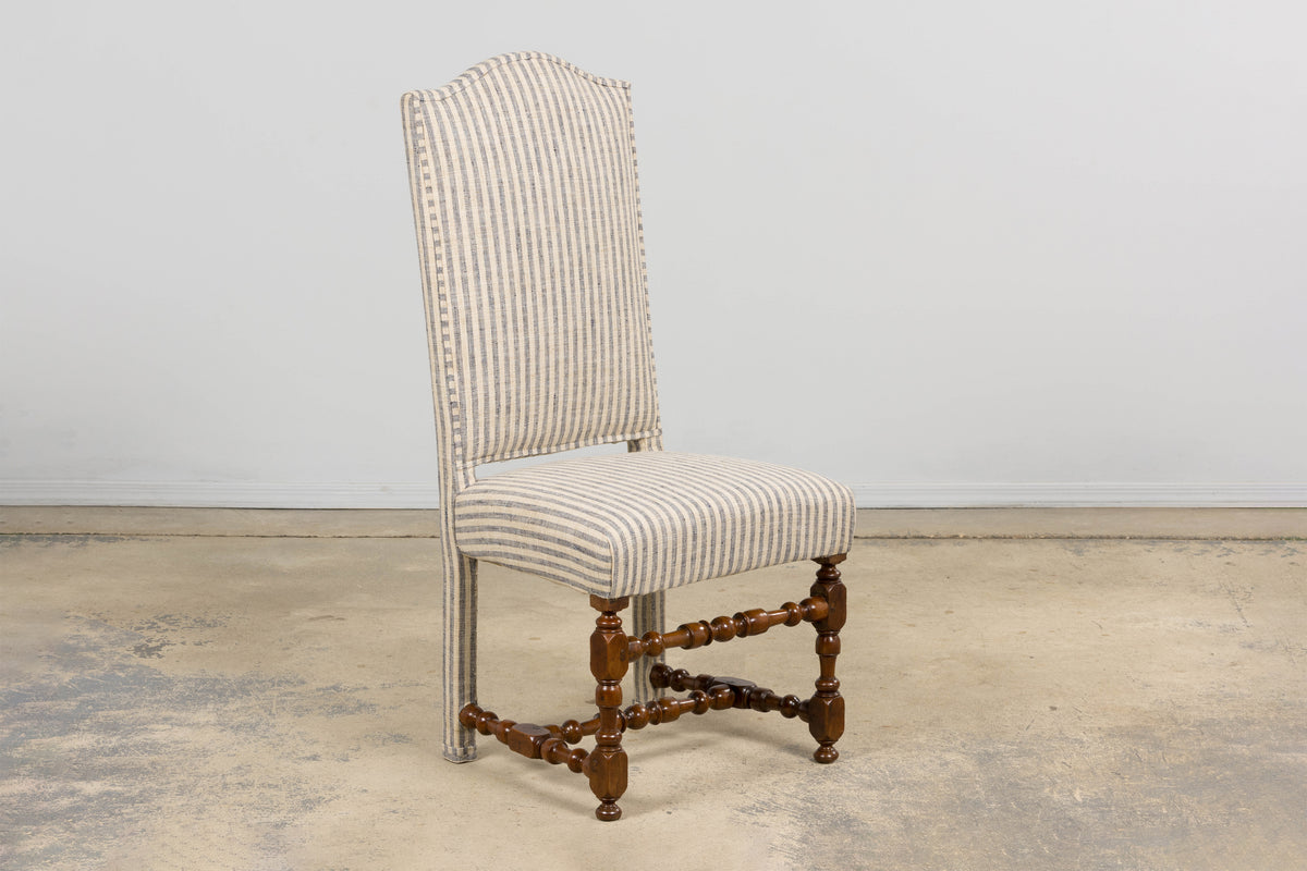 Antique French Louis XIII Walnut Dining Chairs in Tailored Stripe - Set of 8