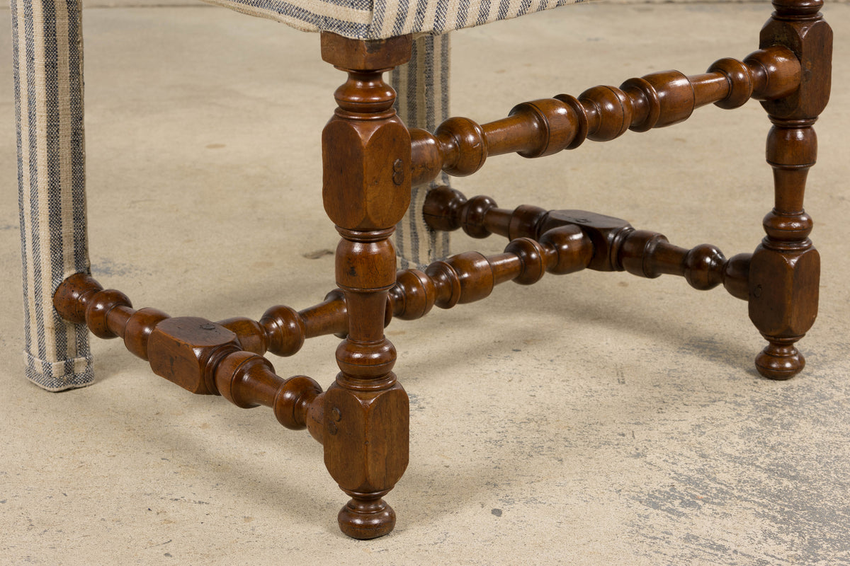 Antique French Louis XIII Walnut Dining Chairs in Tailored Stripe - Set of 8