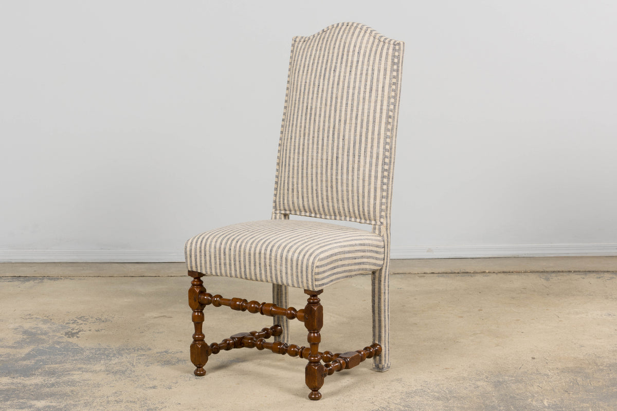 Antique French Louis XIII Walnut Dining Chairs in Tailored Stripe - Set of 8
