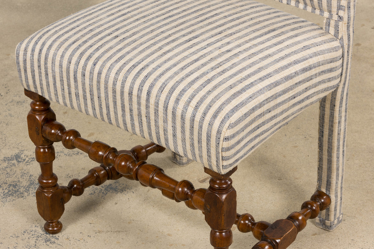 Antique French Louis XIII Walnut Dining Chairs in Tailored Stripe - Set of 8