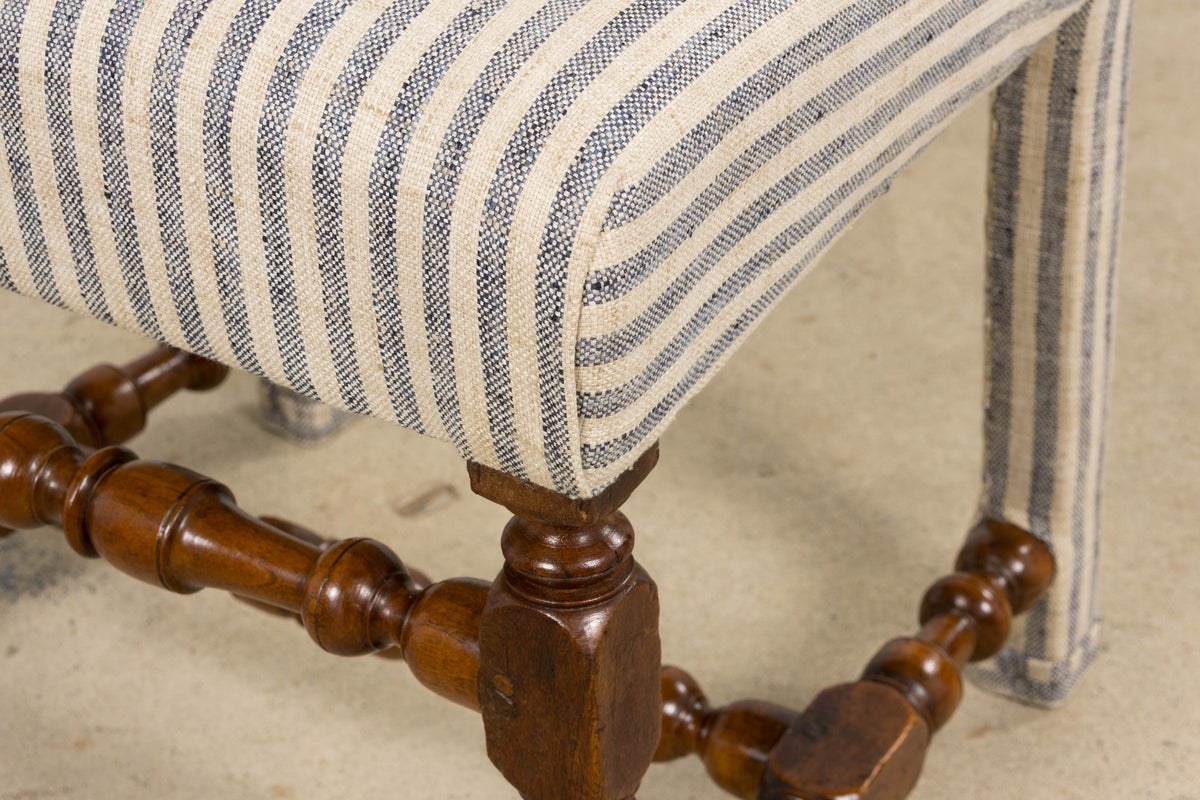 Antique French Louis XIII Walnut Dining Chairs in Tailored Stripe - Set of 8