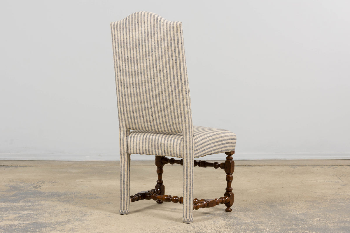 Antique French Louis XIII Walnut Dining Chairs in Tailored Stripe - Set of 8