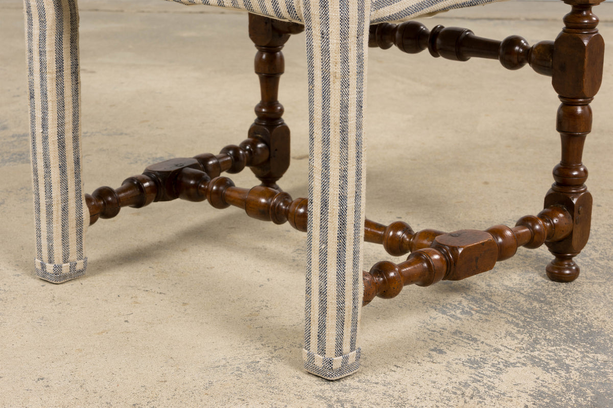 Antique French Louis XIII Walnut Dining Chairs in Tailored Stripe - Set of 8