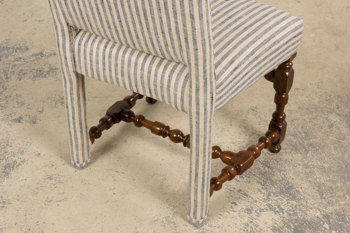 Antique French Louis XIII Walnut Dining Chairs in Tailored Stripe - Set of 8