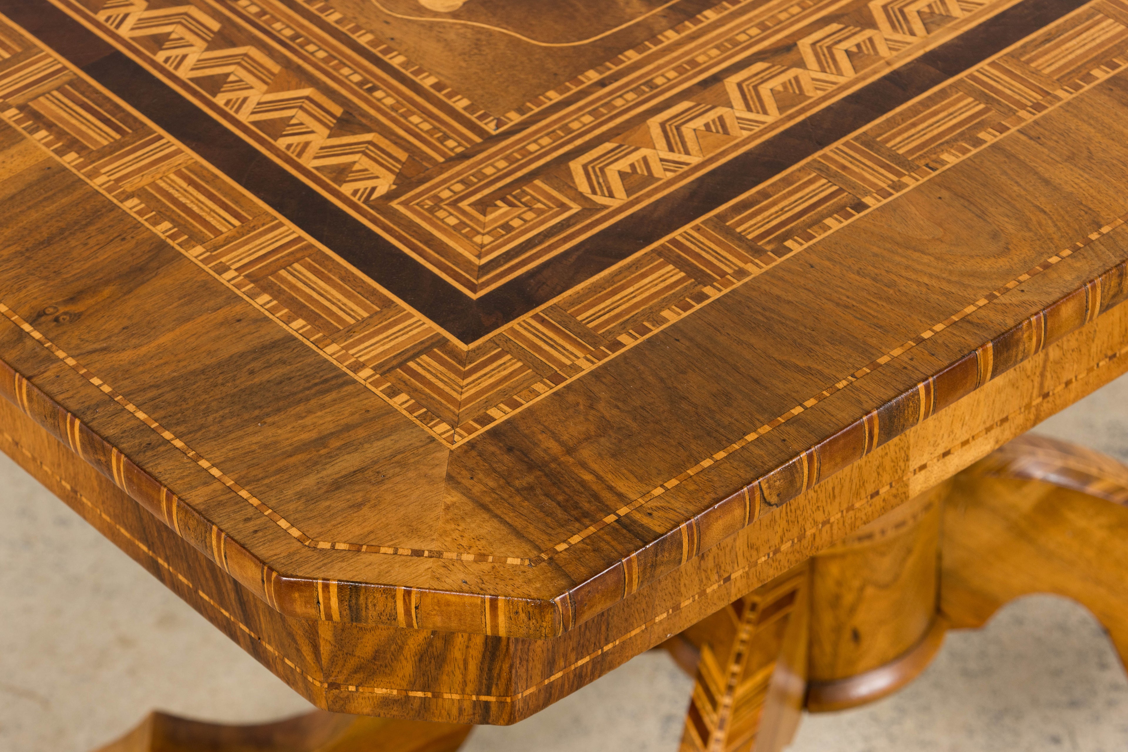19th Century Italian Napoleon III Style Inlay Walnut Sorrento Pedestal Table