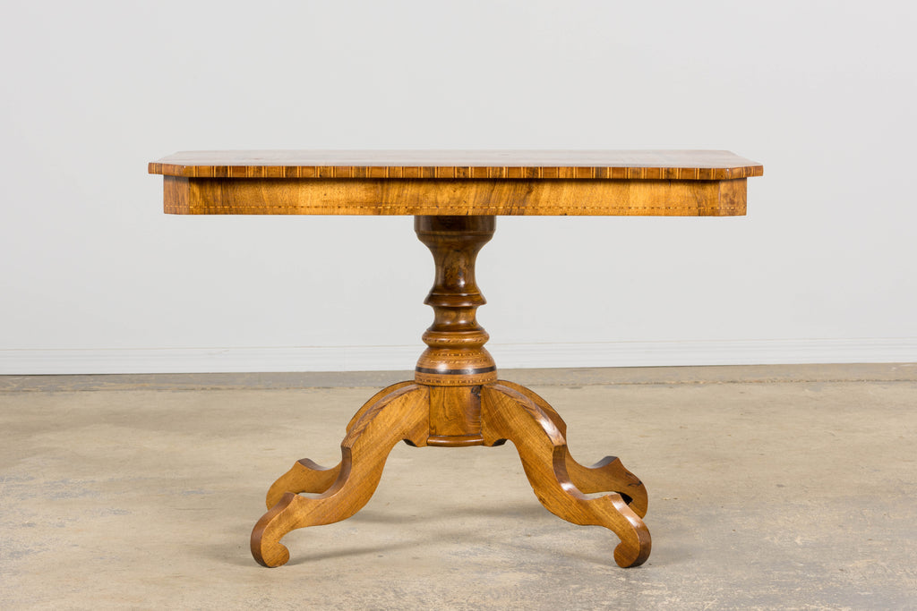 19th Century Italian Napoleon III Style Inlay Walnut Sorrento Pedestal Table