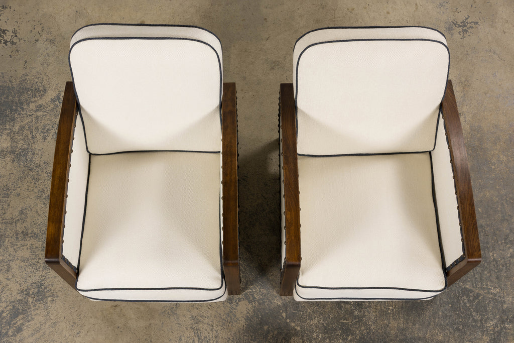 ON HOLD 1930s French Art Deco Maple Club Chairs in Cotton White- A Pair