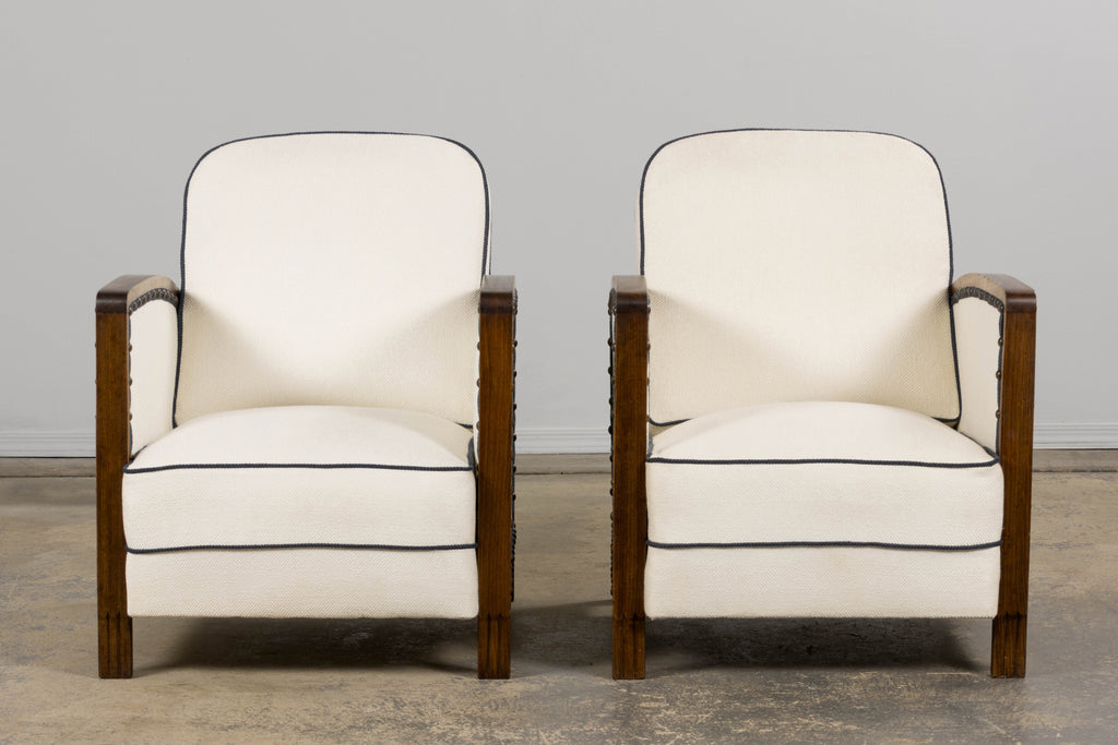 ON HOLD 1930s French Art Deco Maple Club Chairs in Cotton White- A Pair