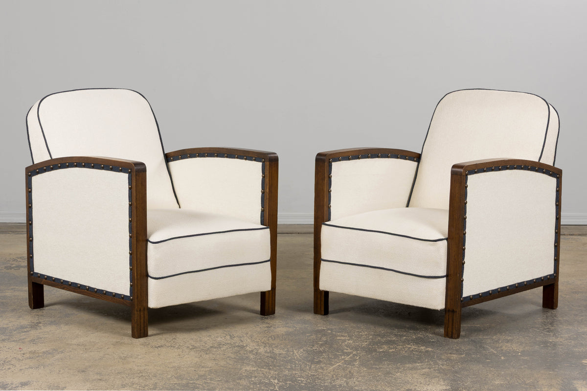 1930s French Art Deco Maple Club Chairs in Cotton White- A Pair
