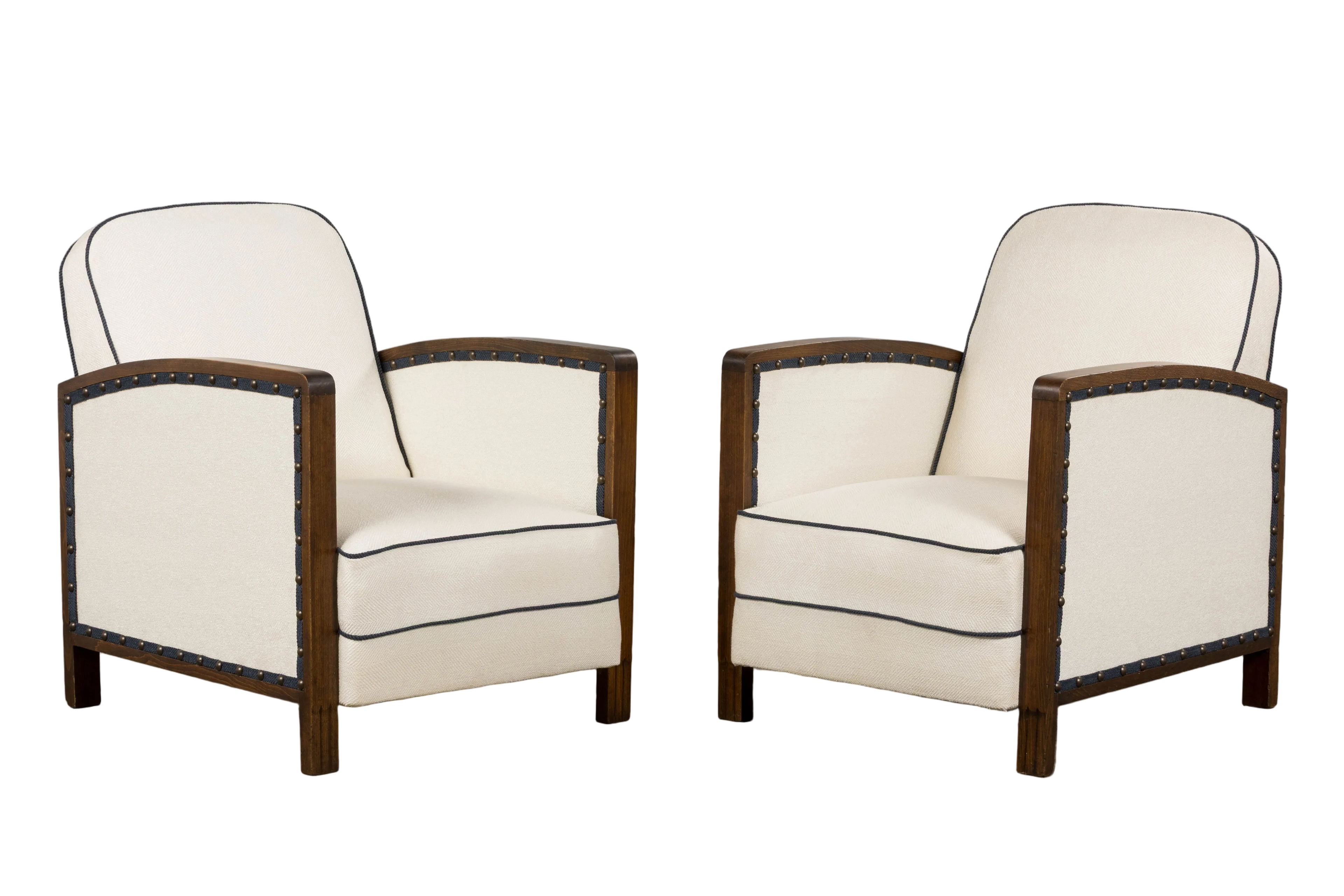 ON HOLD 1930s French Art Deco Maple Club Chairs in Cotton White- A Pair