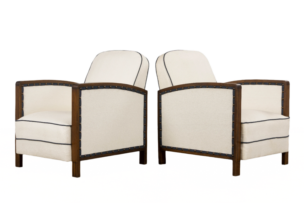 1930s French Art Deco Maple Club Chairs in Cotton White- A Pair