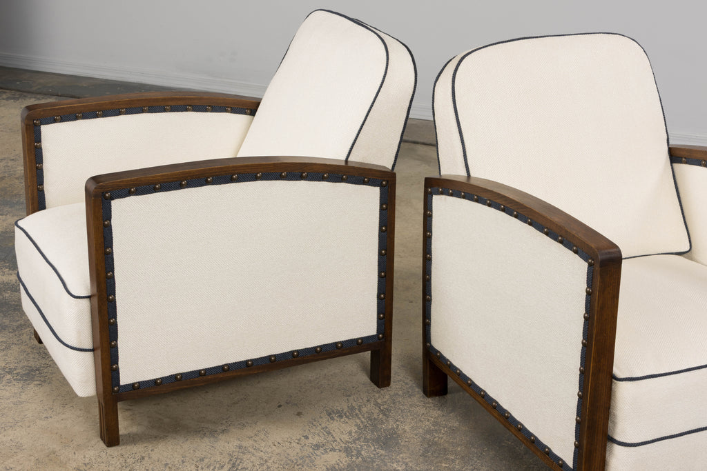 ON HOLD 1930s French Art Deco Maple Club Chairs in Cotton White- A Pair