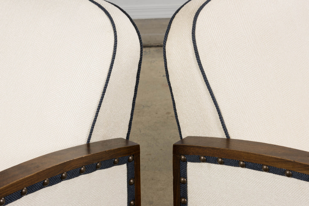 ON HOLD 1930s French Art Deco Maple Club Chairs in Cotton White- A Pair