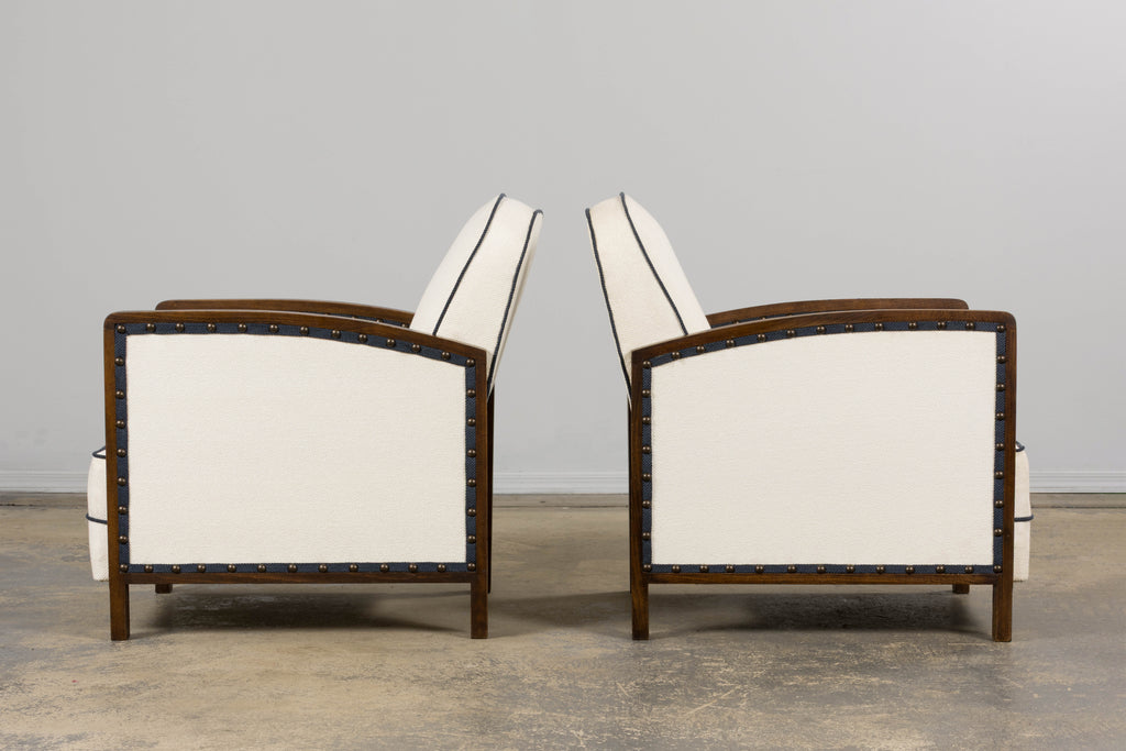 ON HOLD 1930s French Art Deco Maple Club Chairs in Cotton White- A Pair
