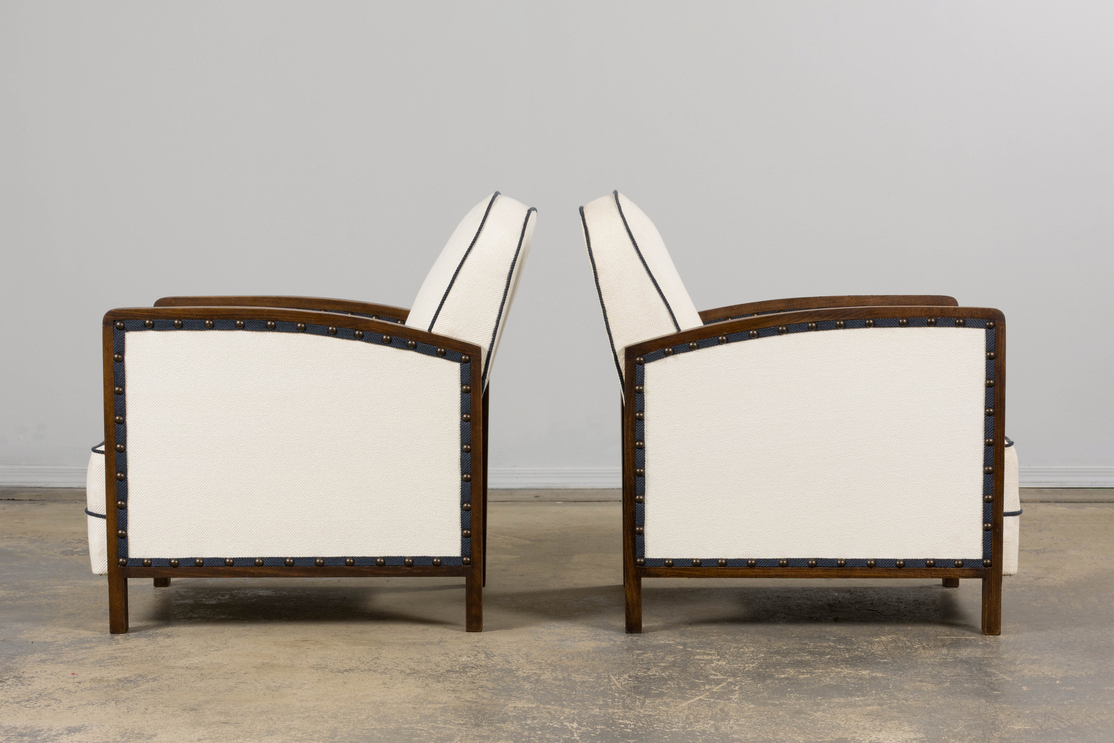 ON HOLD 1930s French Art Deco Maple Club Chairs in Cotton White- A Pair