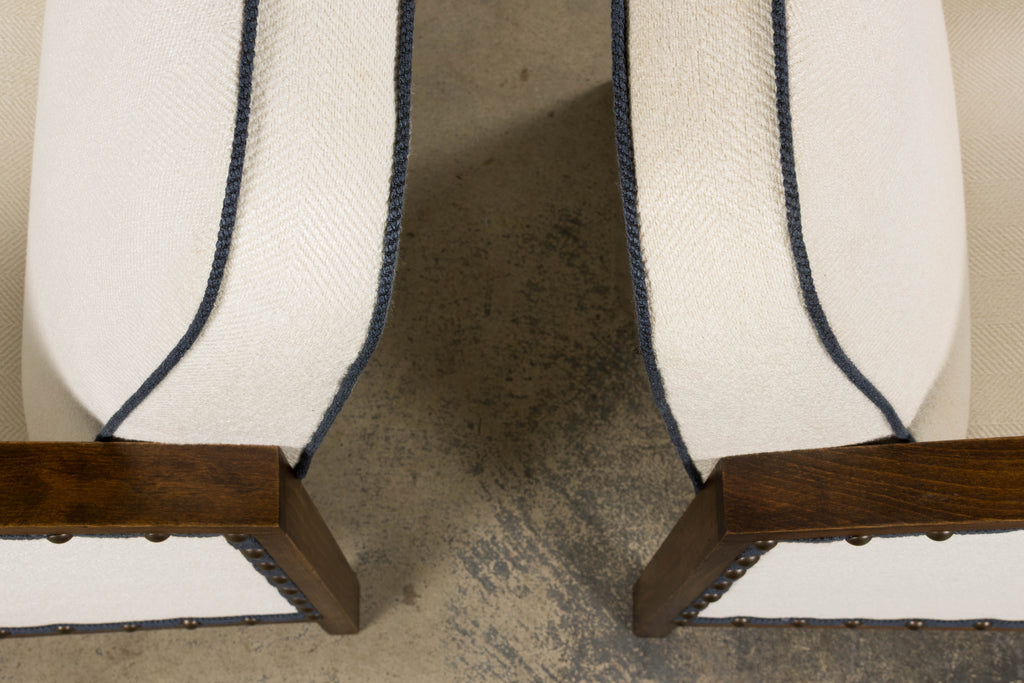 ON HOLD 1930s French Art Deco Maple Club Chairs in Cotton White- A Pair