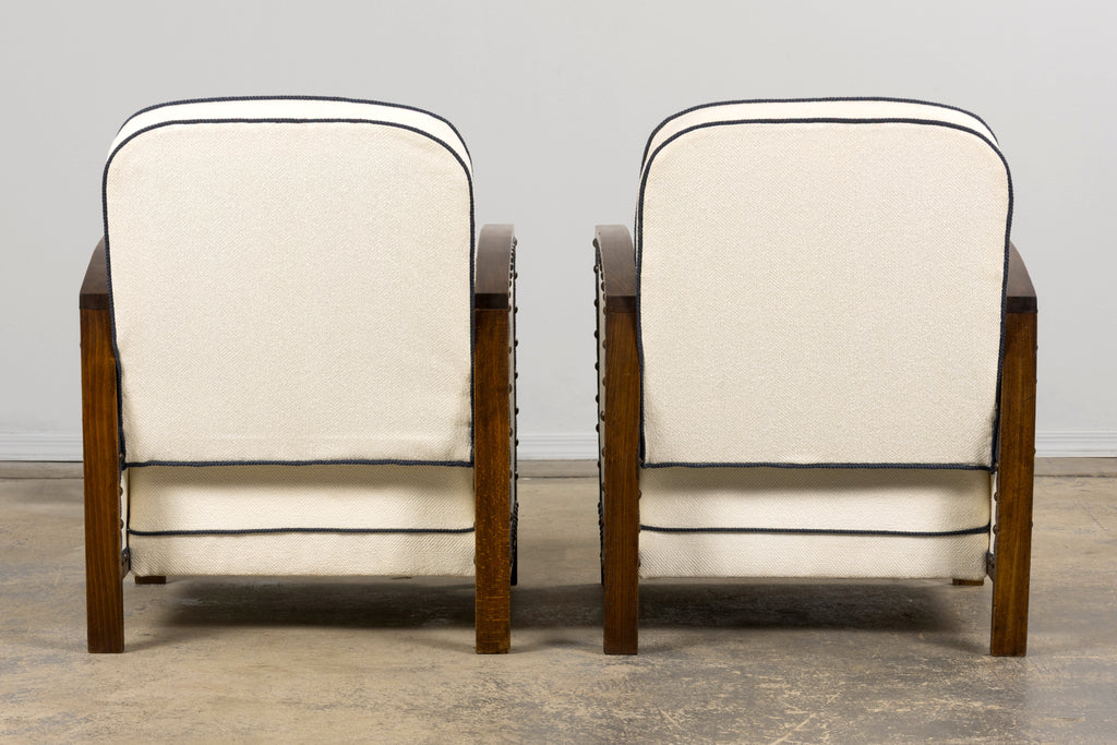 ON HOLD 1930s French Art Deco Maple Club Chairs in Cotton White- A Pair