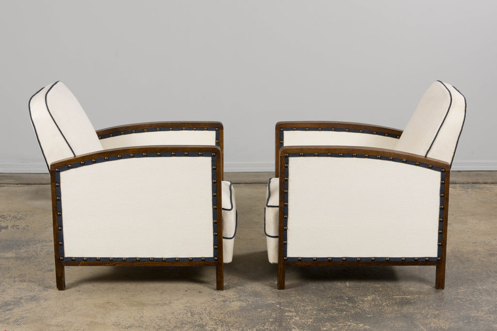 ON HOLD 1930s French Art Deco Maple Club Chairs in Cotton White- A Pair
