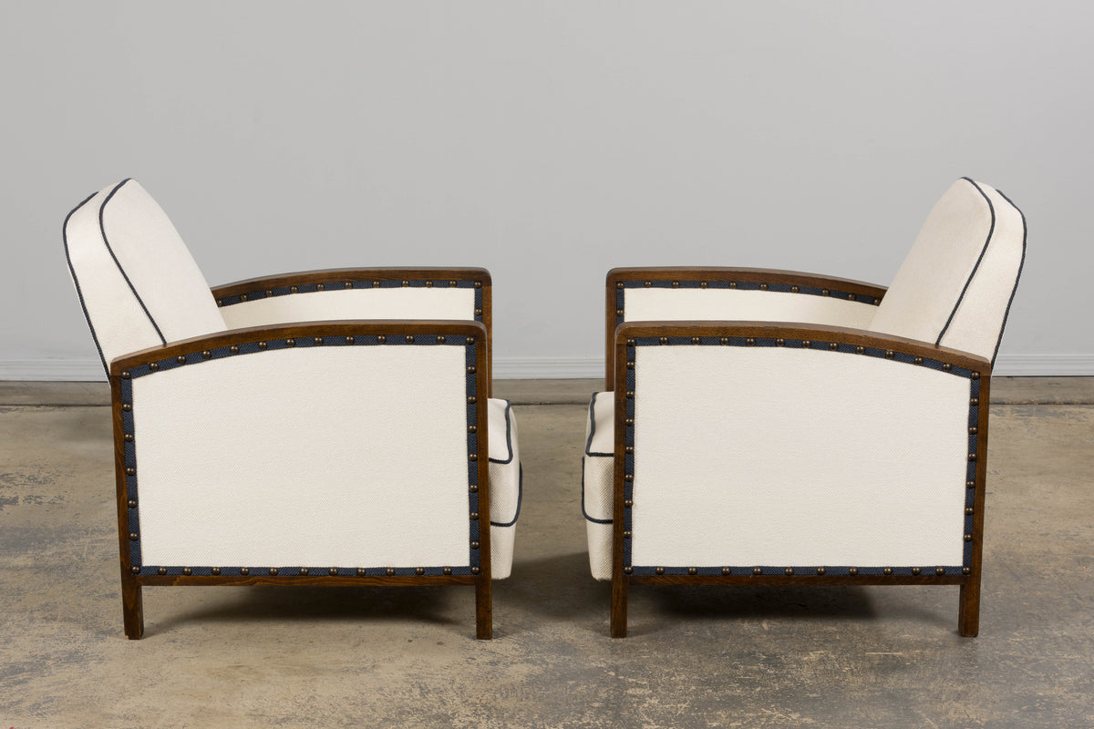 1930s French Art Deco Maple Club Chairs in Cotton White- A Pair