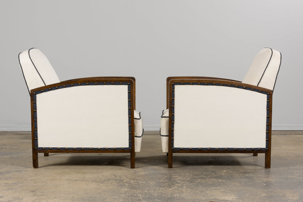 ON HOLD 1930s French Art Deco Maple Club Chairs in Cotton White- A Pair