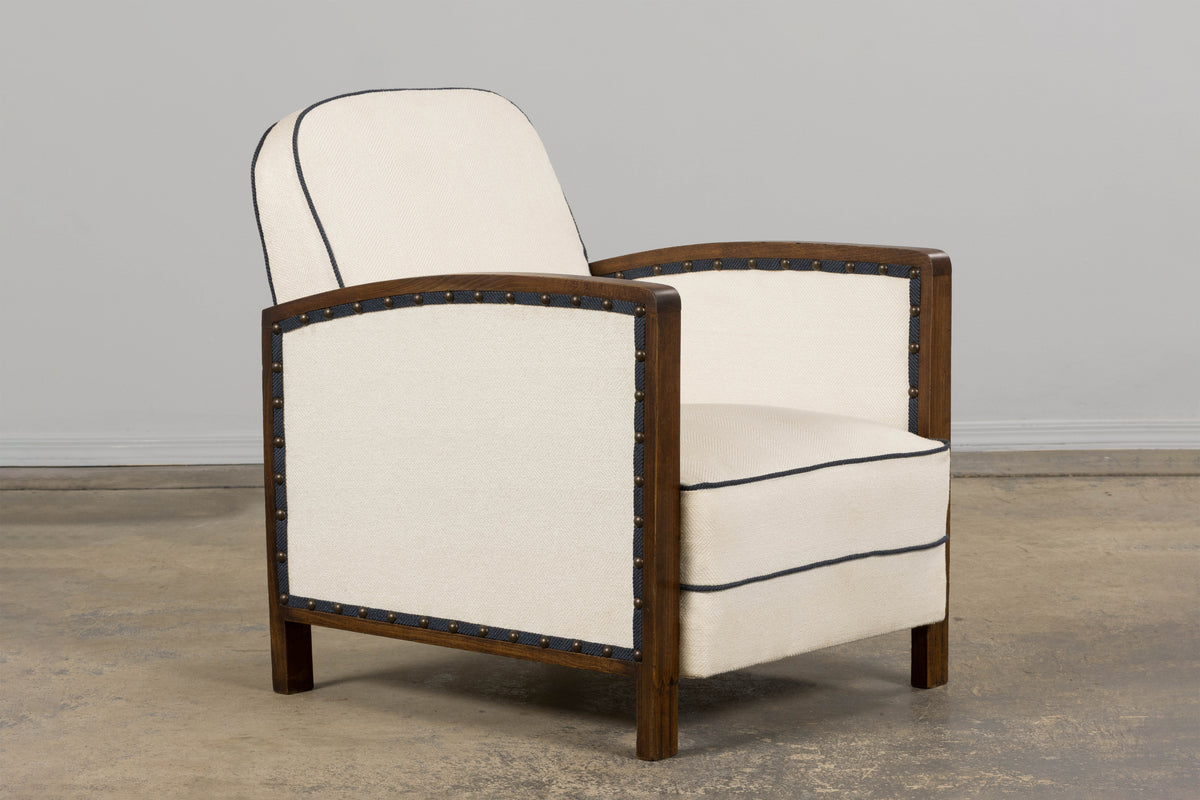1930s French Art Deco Maple Club Chairs in Cotton White- A Pair