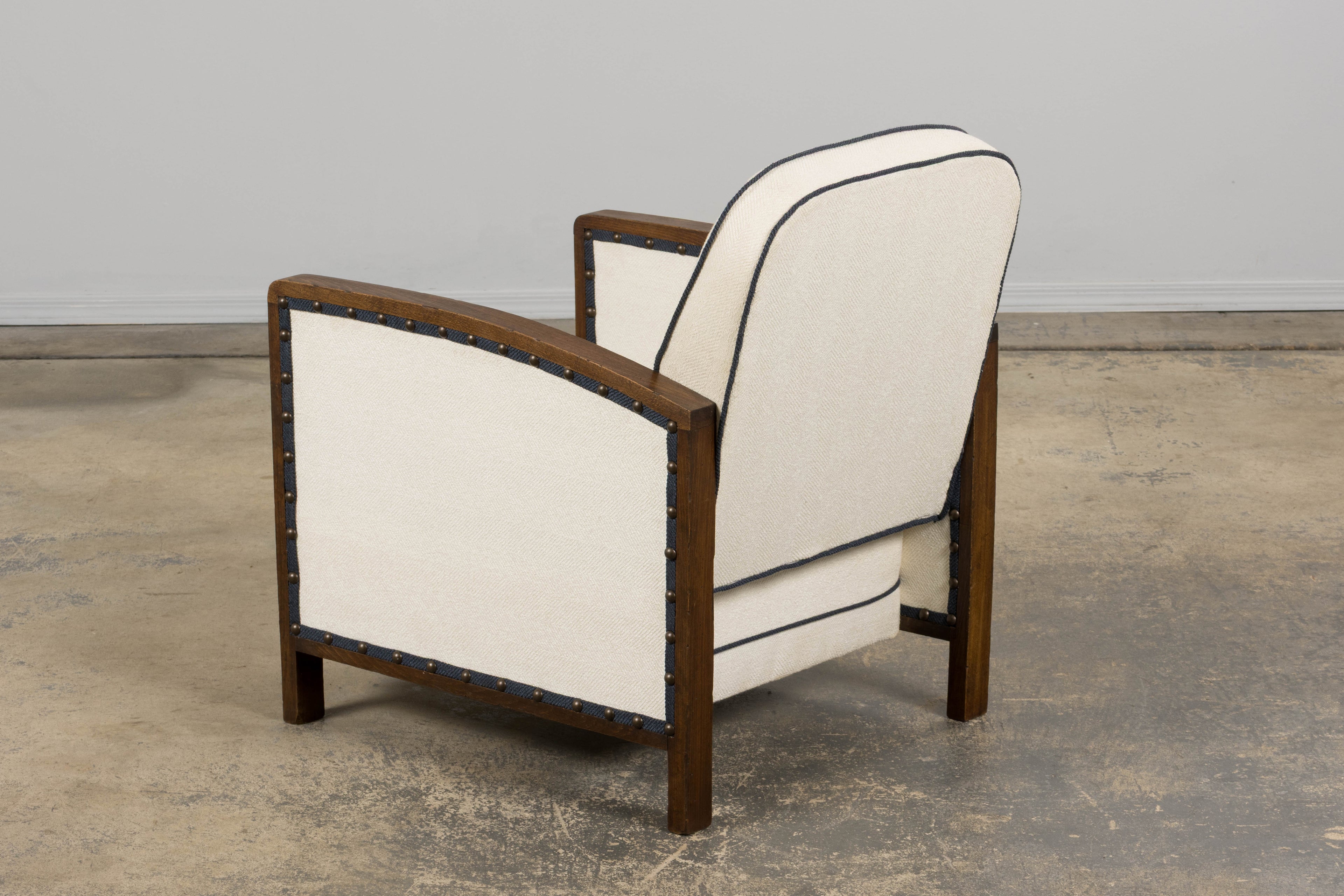 ON HOLD 1930s French Art Deco Maple Club Chairs in Cotton White- A Pair