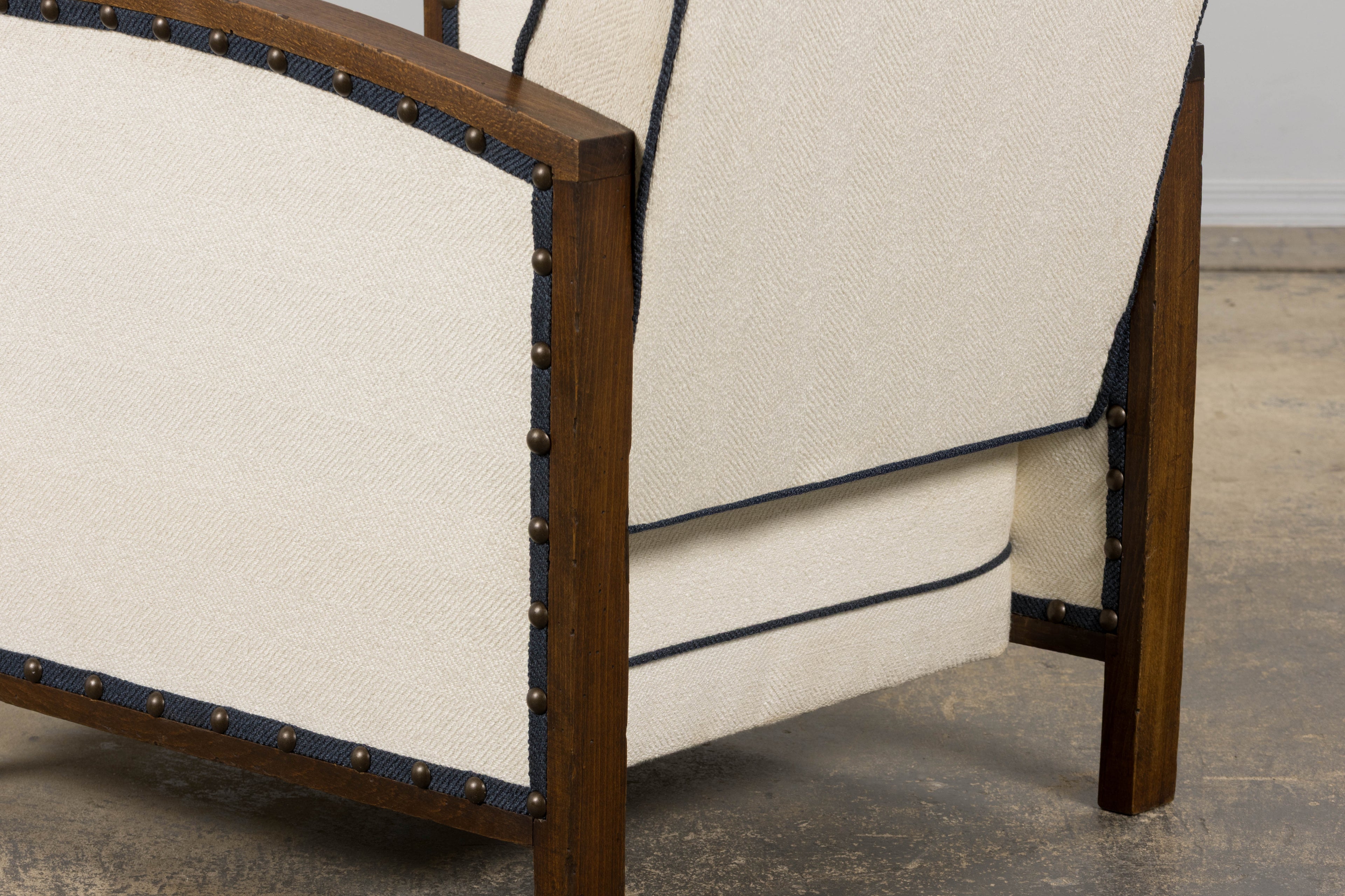 ON HOLD 1930s French Art Deco Maple Club Chairs in Cotton White- A Pair
