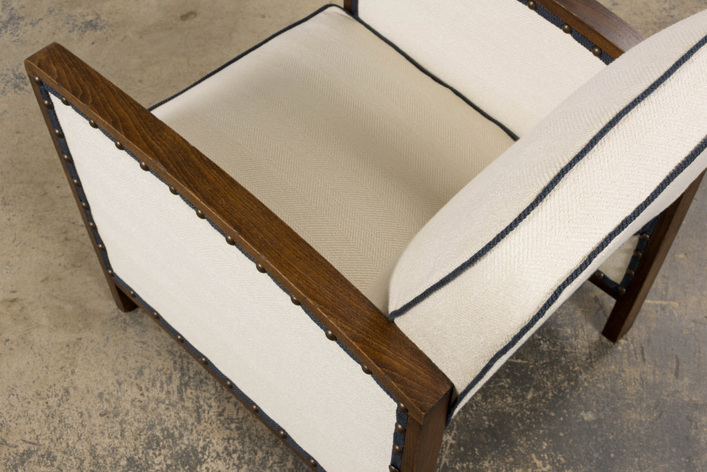 ON HOLD 1930s French Art Deco Maple Club Chairs in Cotton White- A Pair