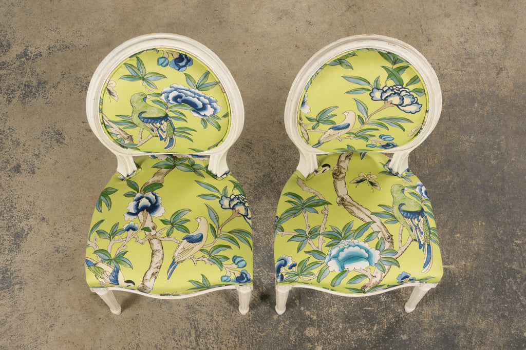 Antique French Louis XVI Style Painted Side Chairs in Green Chinoiseries Fabric - A Pair