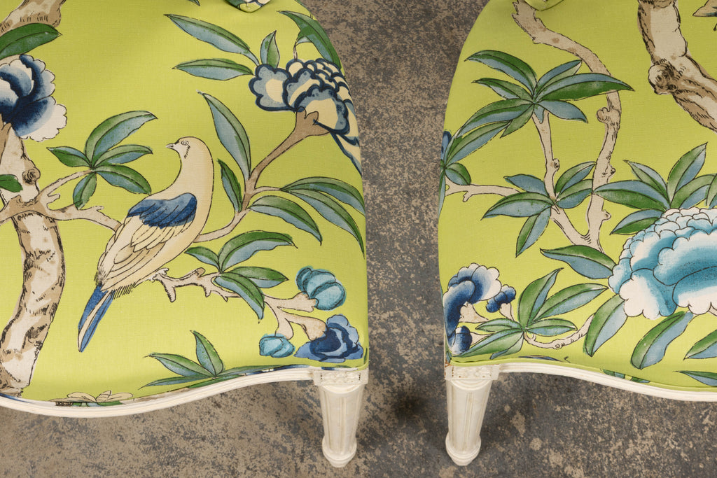 Antique French Louis XVI Style Painted Side Chairs in Green Chinoiseries Fabric - A Pair