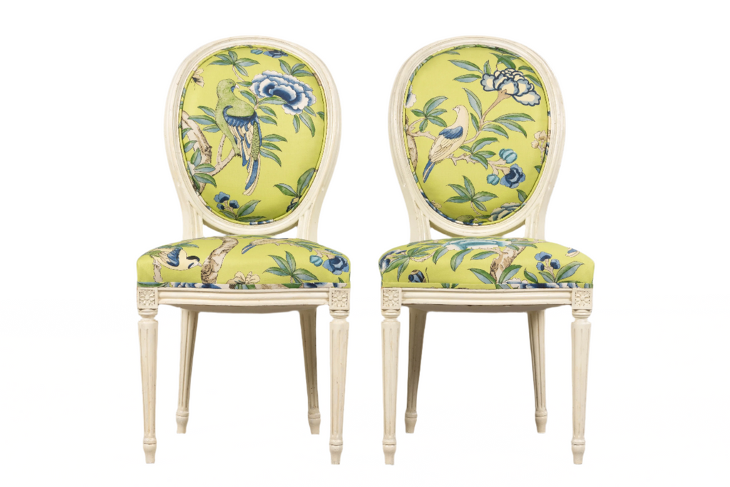 Antique French Louis XVI Style Painted Side Chairs in Green Chinoiseries Fabric - A Pair