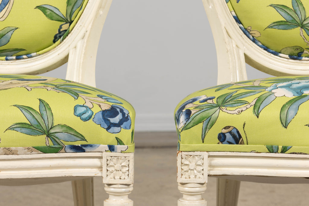 Antique French Louis XVI Style Painted Side Chairs in Green Chinoiseries Fabric - A Pair