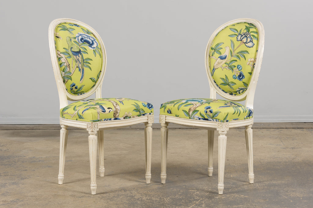 Antique French Louis XVI Style Painted Side Chairs in Green Chinoiseries Fabric - A Pair