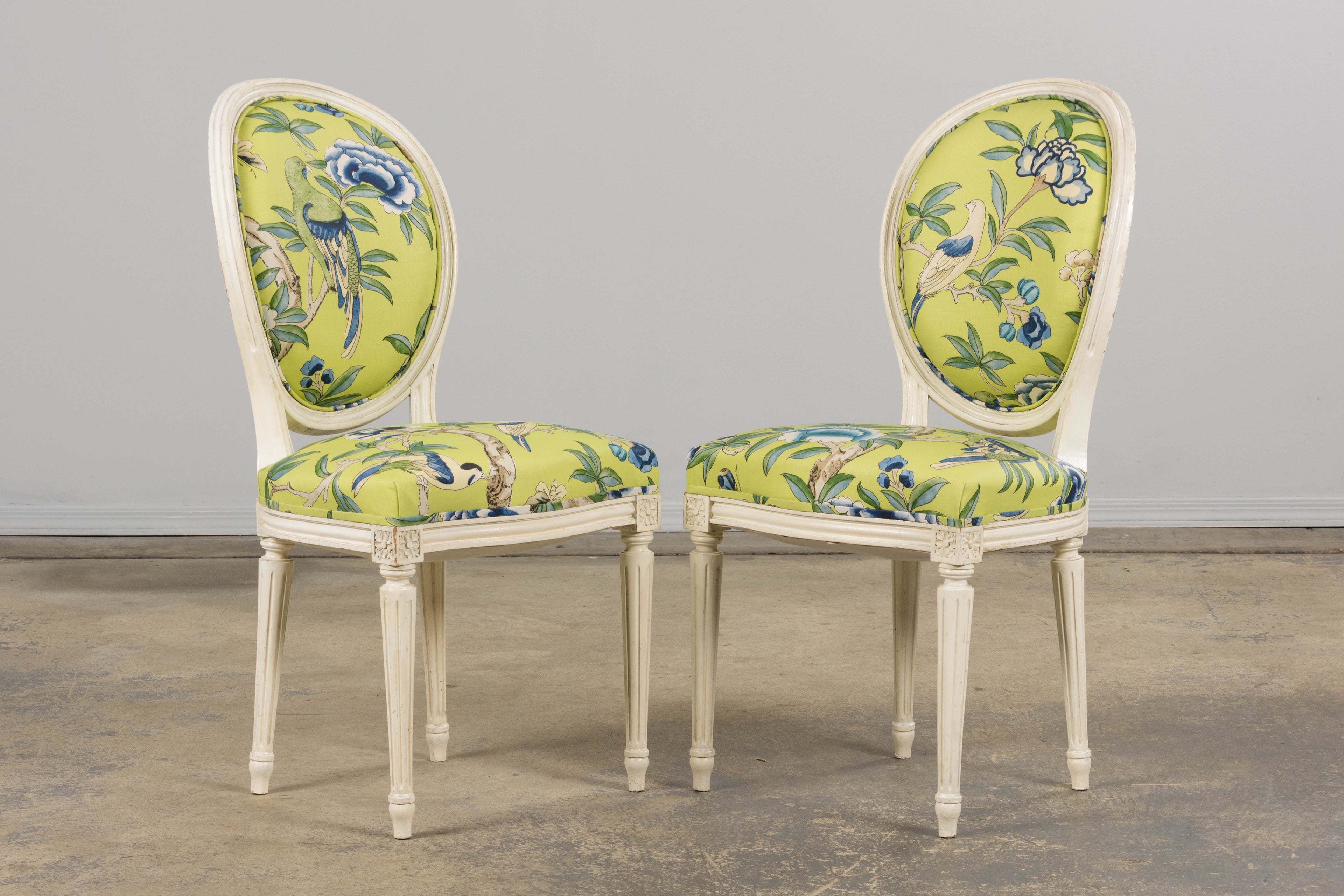 Antique French Louis XVI Style Painted Side Chairs in Green Chinoiseries Fabric - A Pair