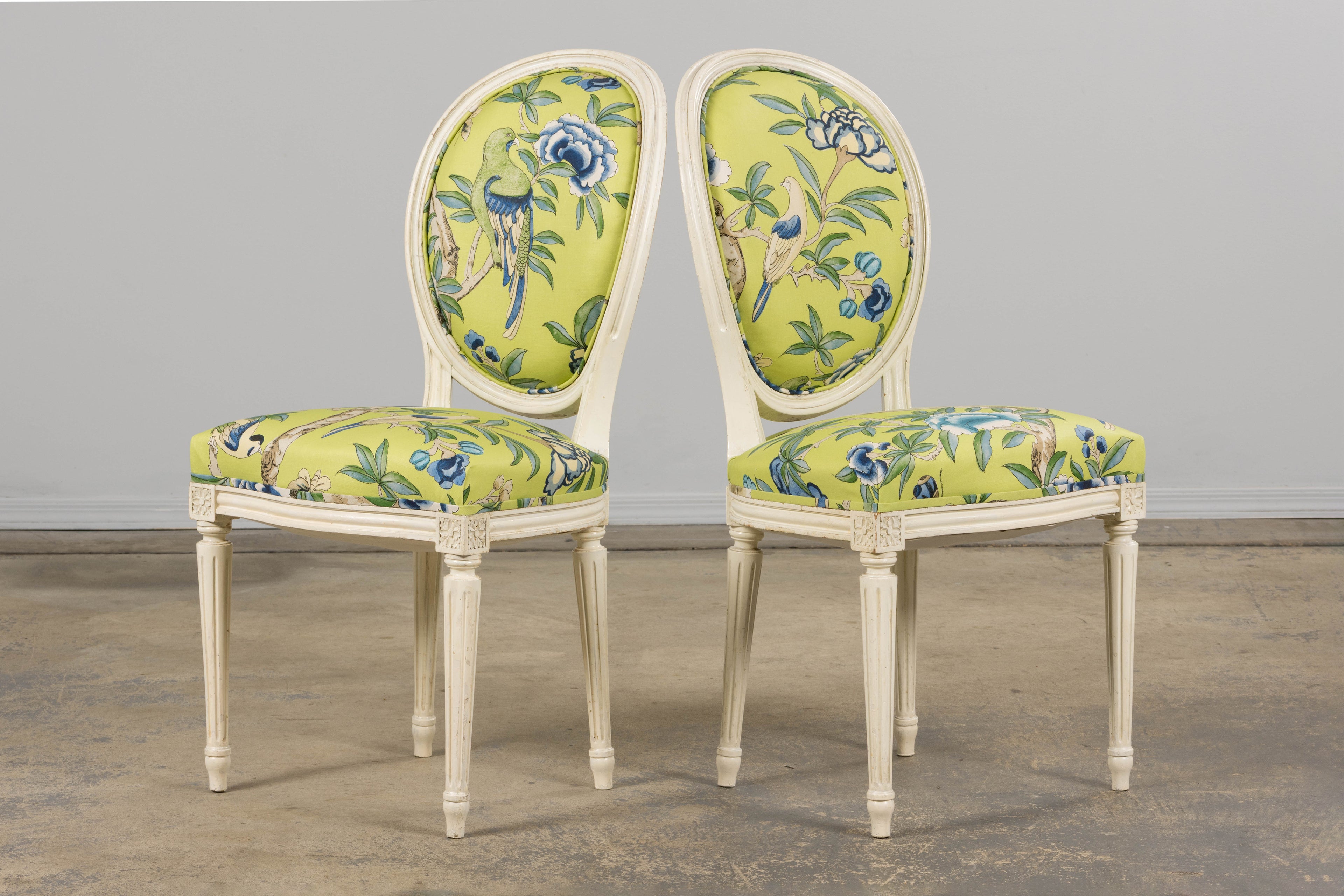 Antique French Louis XVI Style Painted Side Chairs in Green Chinoiseries Fabric - A Pair